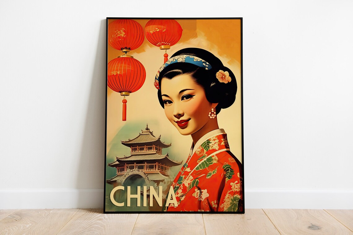 China Vintage Portrait Woman Red Lanterns Oriental Travel Poster - Image 2