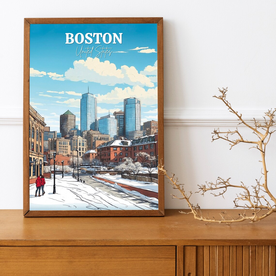 Boston United States Snowy Winter Street Downtown Skyline Poster - Image 3
