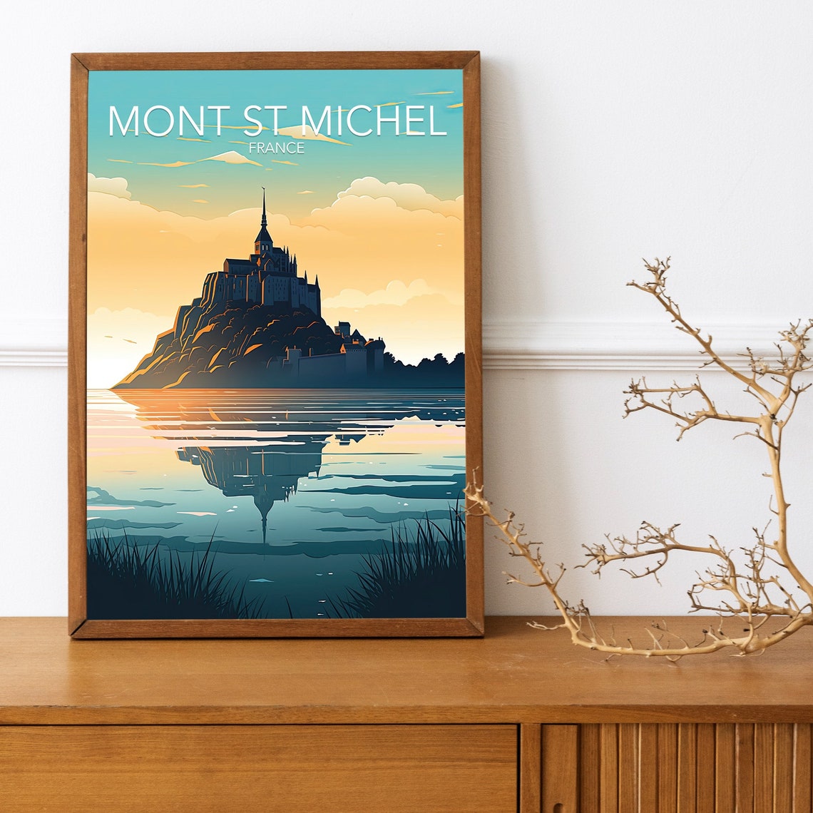 Mont St Michel France Island Abbey Sunset Reflection Art Poster