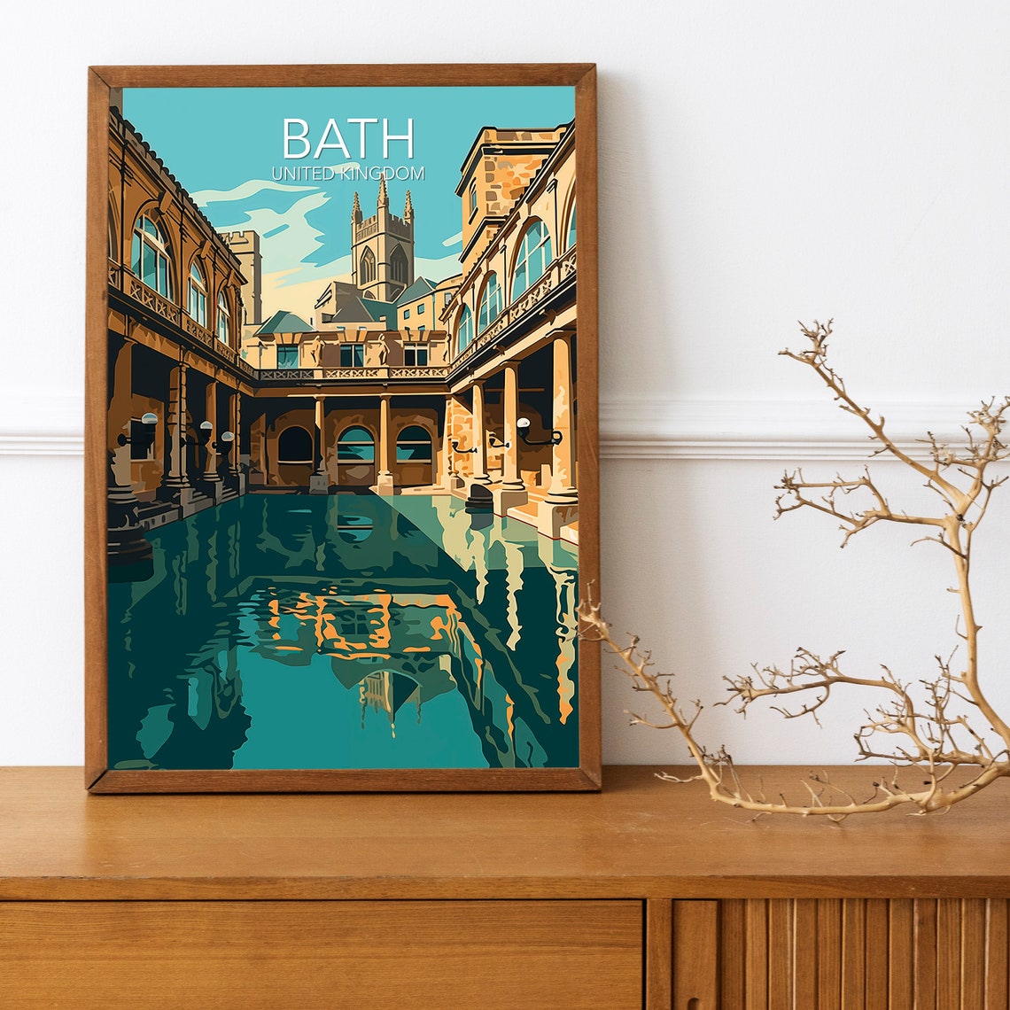 Bath England Roman Baths Abbey Steaming Waters Vintage Travel Poster