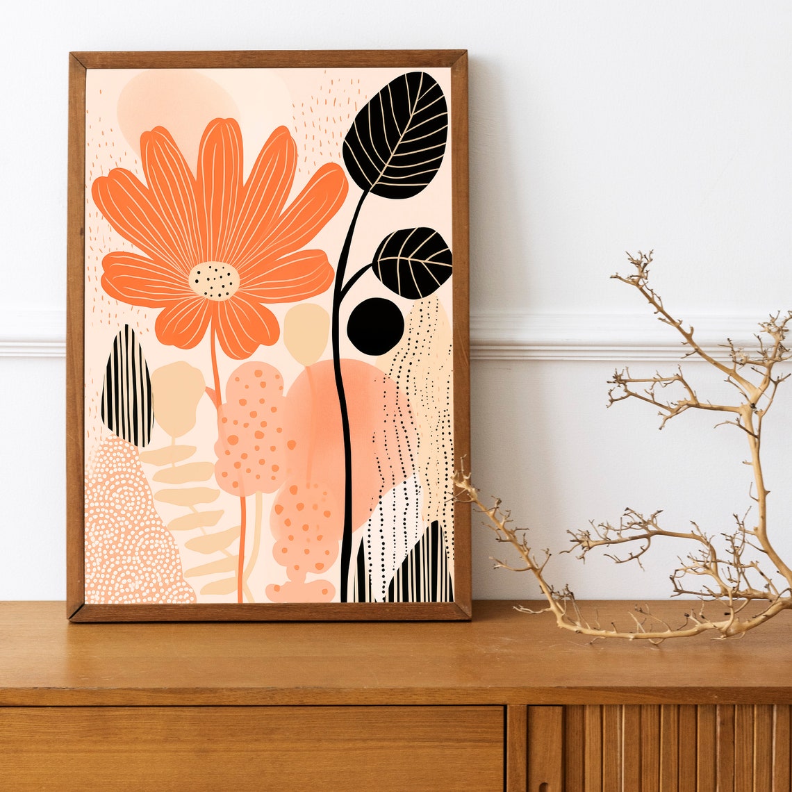 Boho Daisy Flower Abstract Orange Bloom Black Leaves Modern Art Poster - Image 3