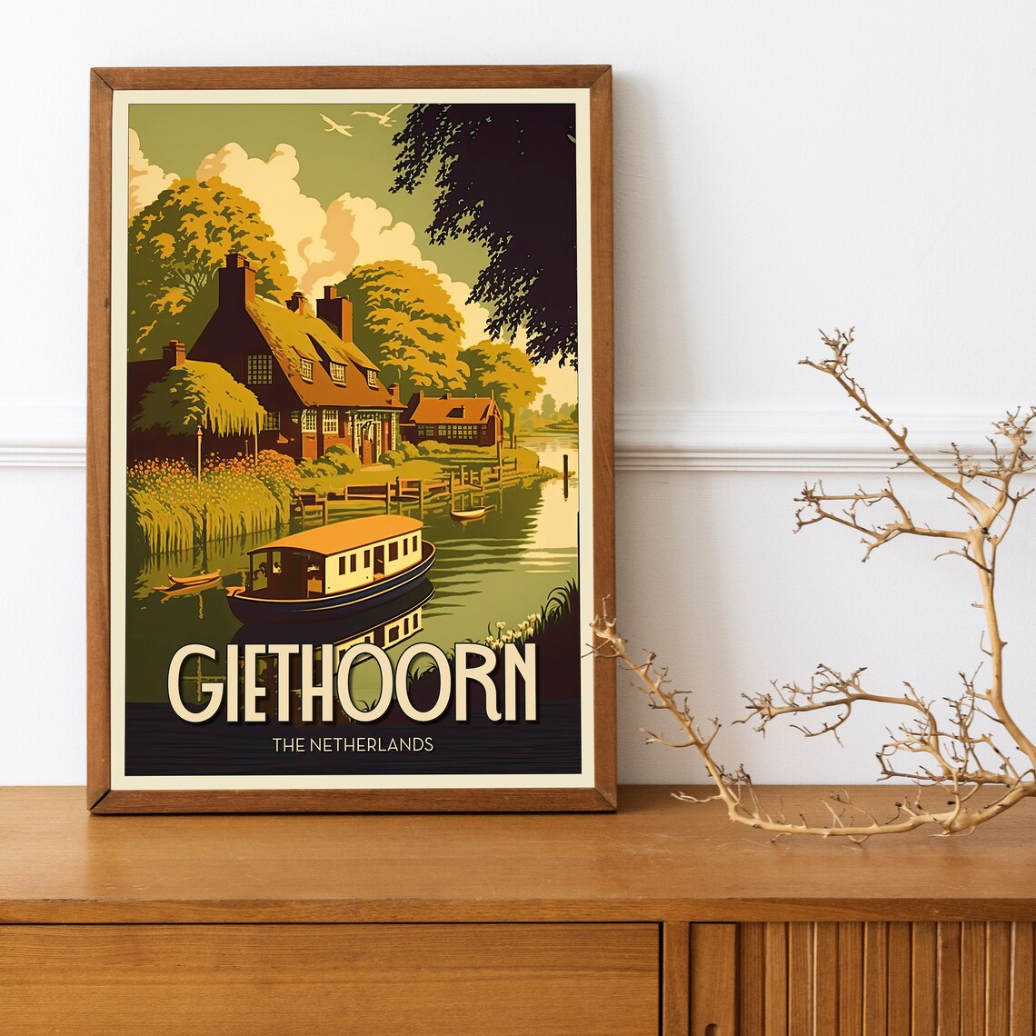 Giethoorn Netherlands Canal Boat Village Vintage Travel Poster