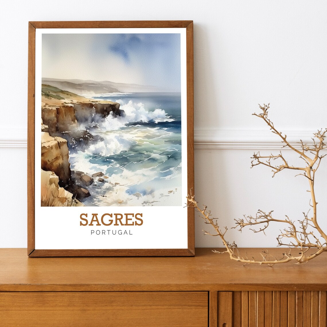 Sagres Portugal Crashing Waves Rocky Coast Watercolor Art Poster - Image 3