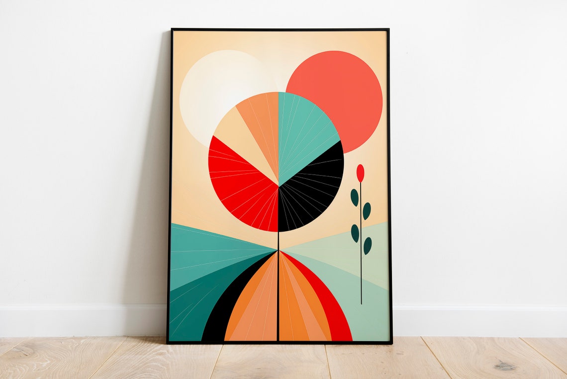 Geometric Sunburst Flower Coral Teal Black Retro Boho Art Print - Image 2