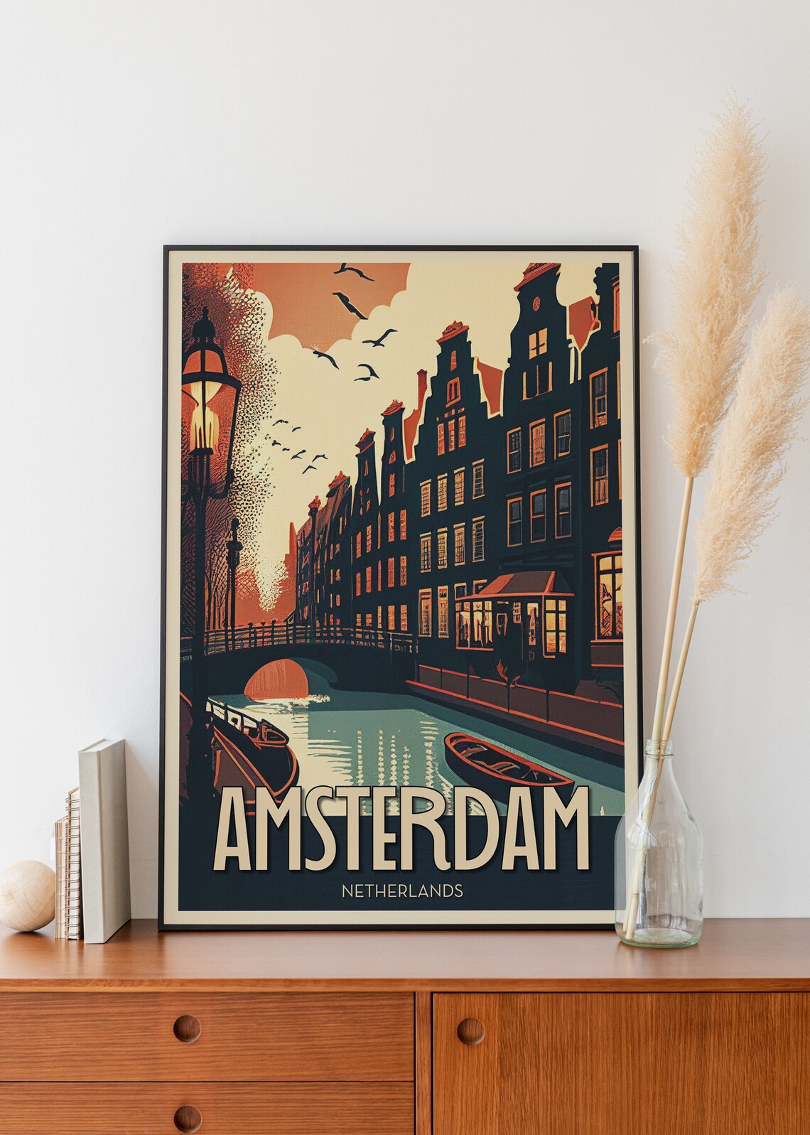 Amsterdam Netherlands Canals Evening Vintage City Travel Poster - Image 3