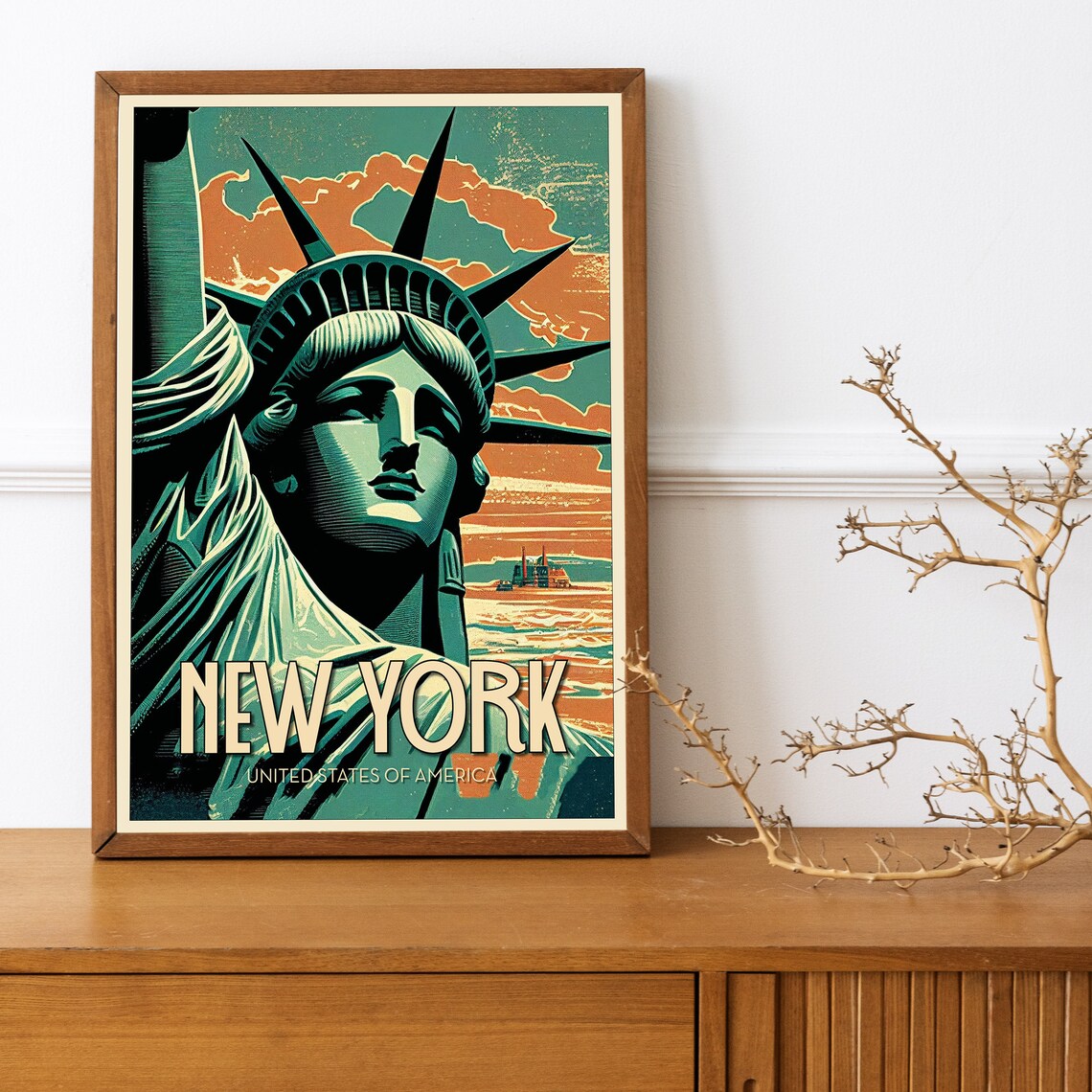 New York City Statue of Liberty Sunset Vintage Travel Poster