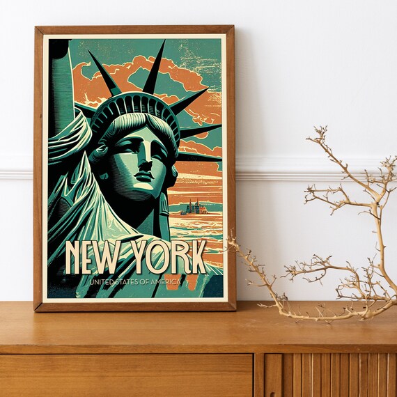 New York City Statue of Liberty Sunset Vintage Travel Poster