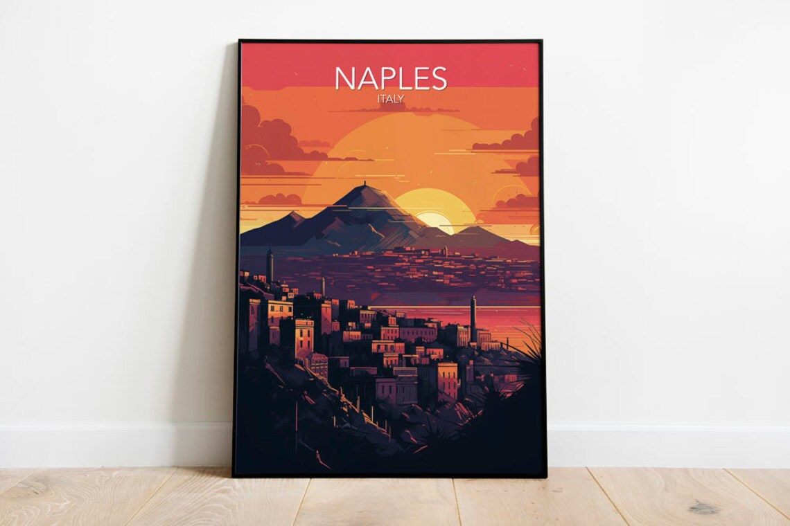 Naples Vesuvius Sunset Bay Italy Retro Vintage Travel Poster