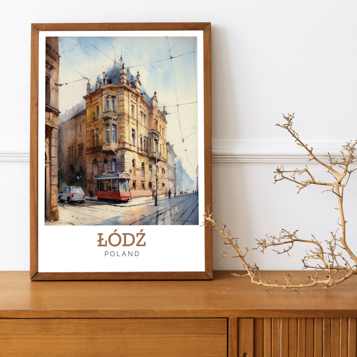 Lodz Poland Historic Tram Street Watercolor Art Travel Poster - Image 3