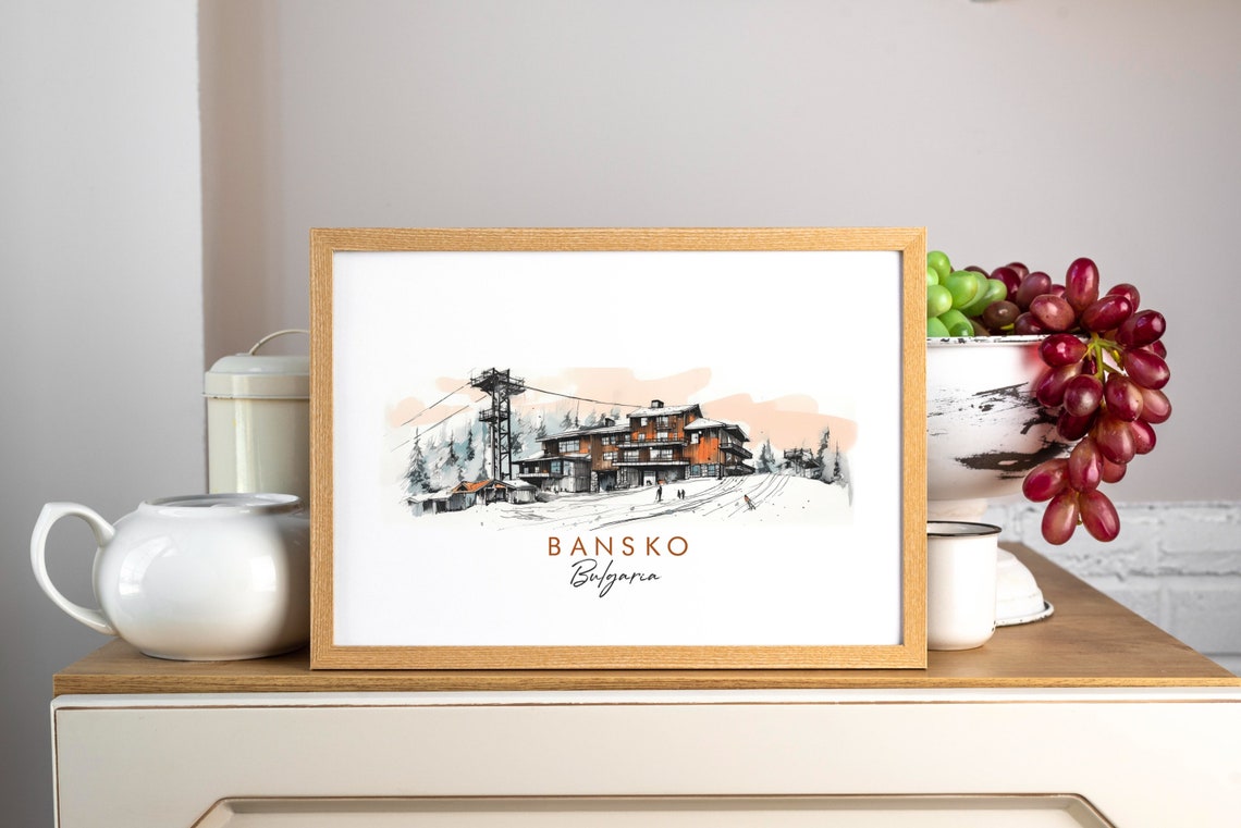 Bansko Bulgaria Winter Ski Resort Gondola Chalet Ink Travel Poster - Image 3
