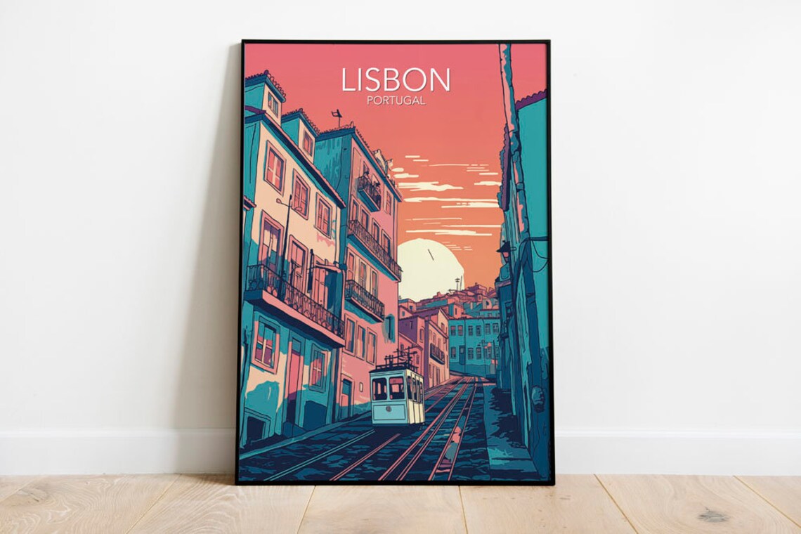 Lisbon Tram Old Town Street Portugal Sunset Vintage Travel Poster