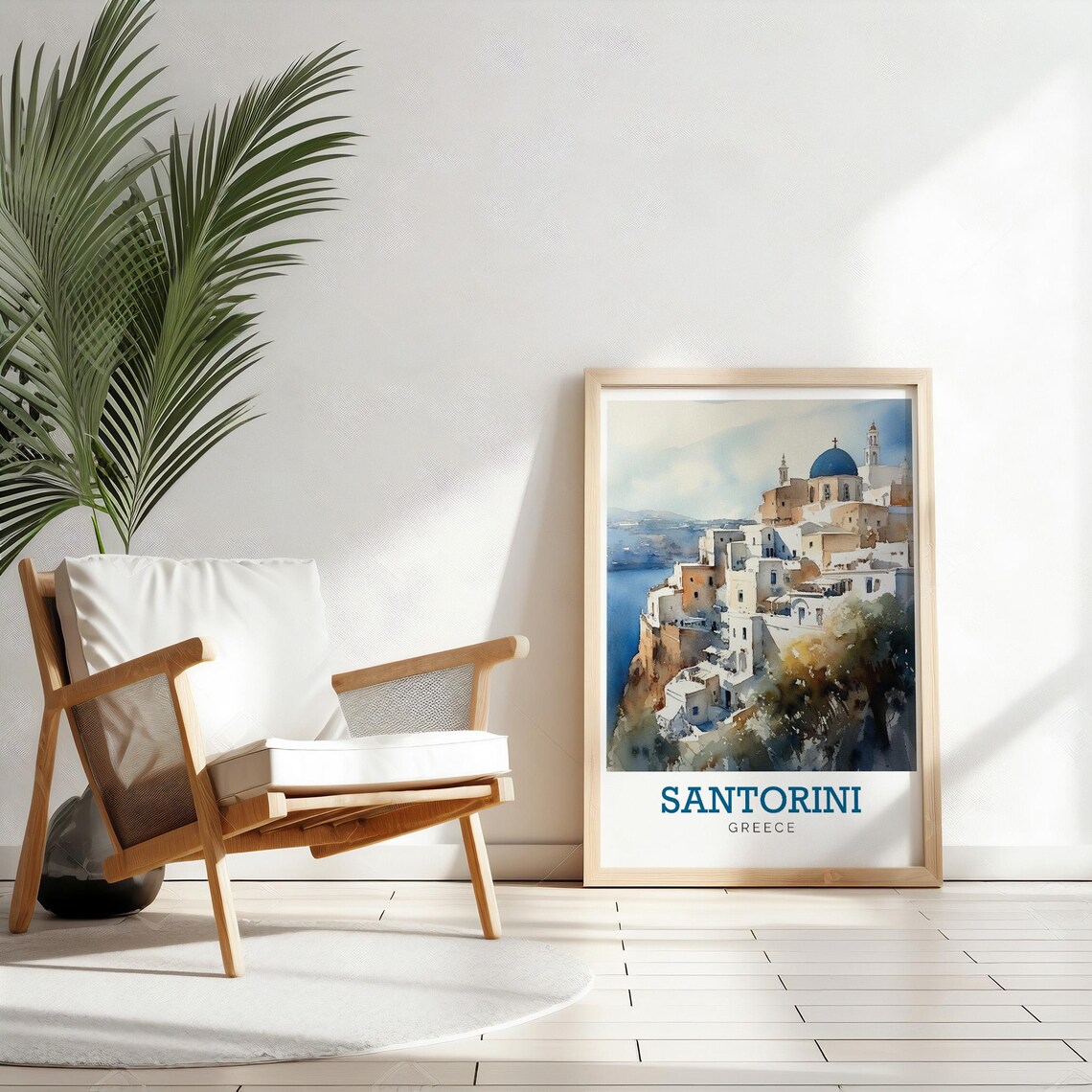 Santorini Greece Blue Dome Cliffside Village Watercolor Travel Poster - Image 2