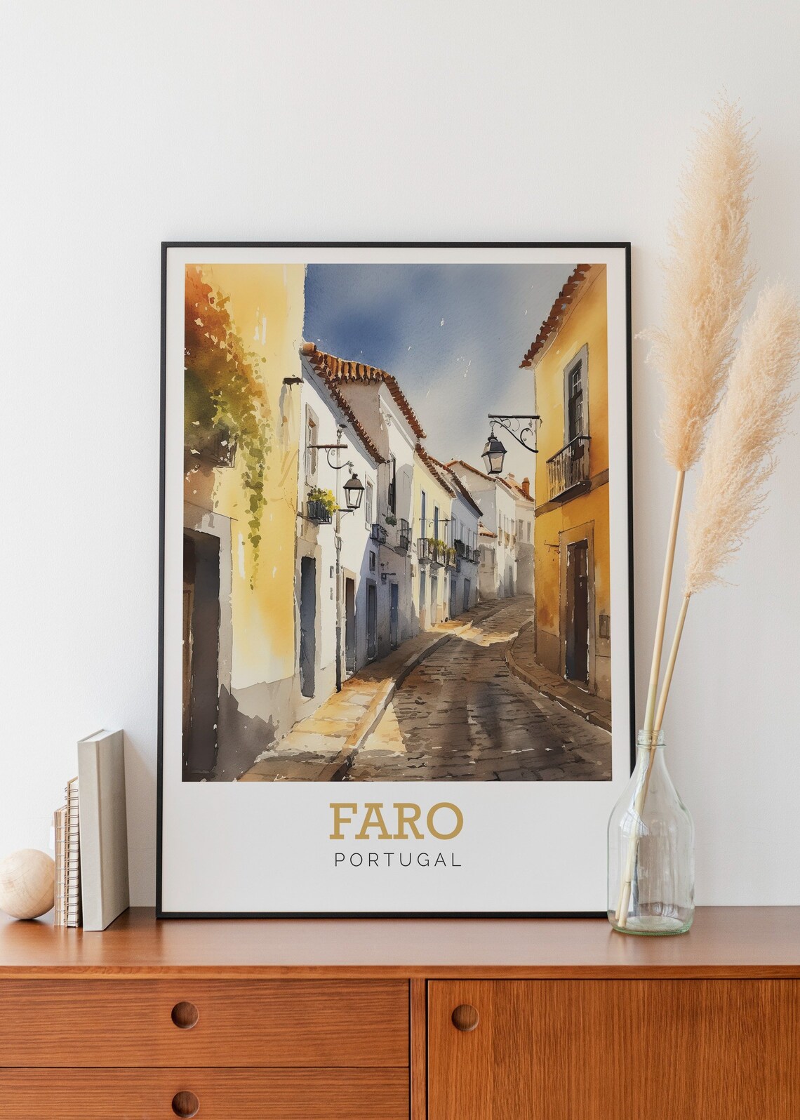 Faro Portugal Cobblestone Street Watercolor Art Travel Poster - Image 2