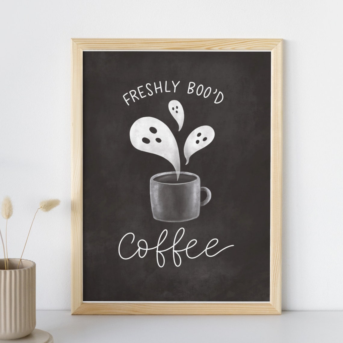 Black Halloween Print Freshly Bood Coffee Instant Fall Wall Art Cute Ghost Print Chalkboard Sign Coffee Bar Decor