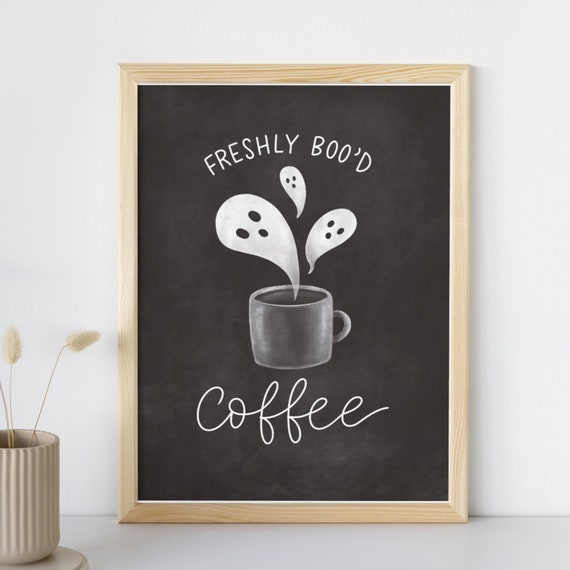 Black Halloween Print Freshly Bood Coffee Instant Fall Wall Art Cute Ghost Print Chalkboard Sign Coffee Bar Decor