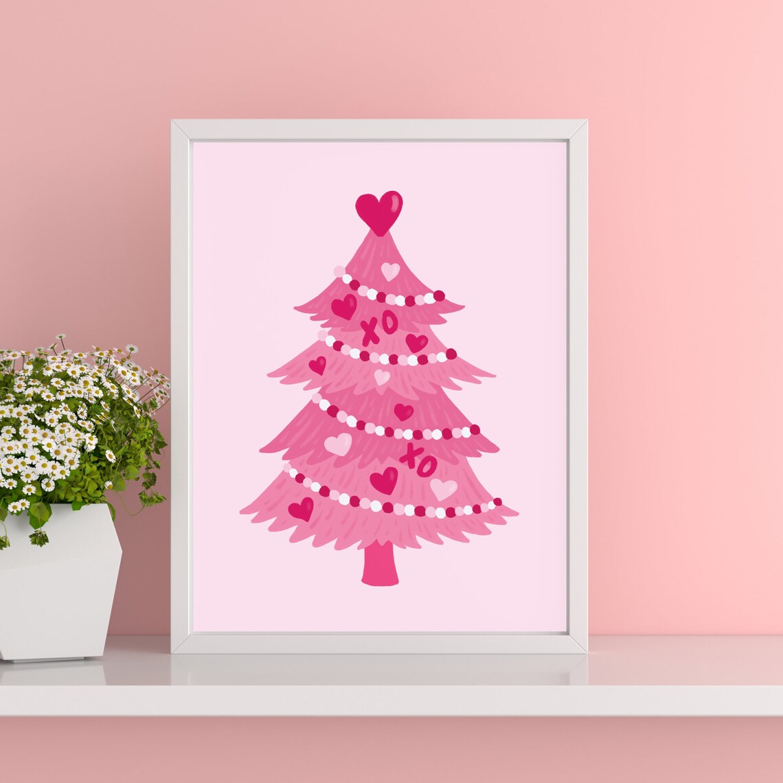 Whimsical Pink Christmas Tree with Hearts XO Garland Holiday Poster
