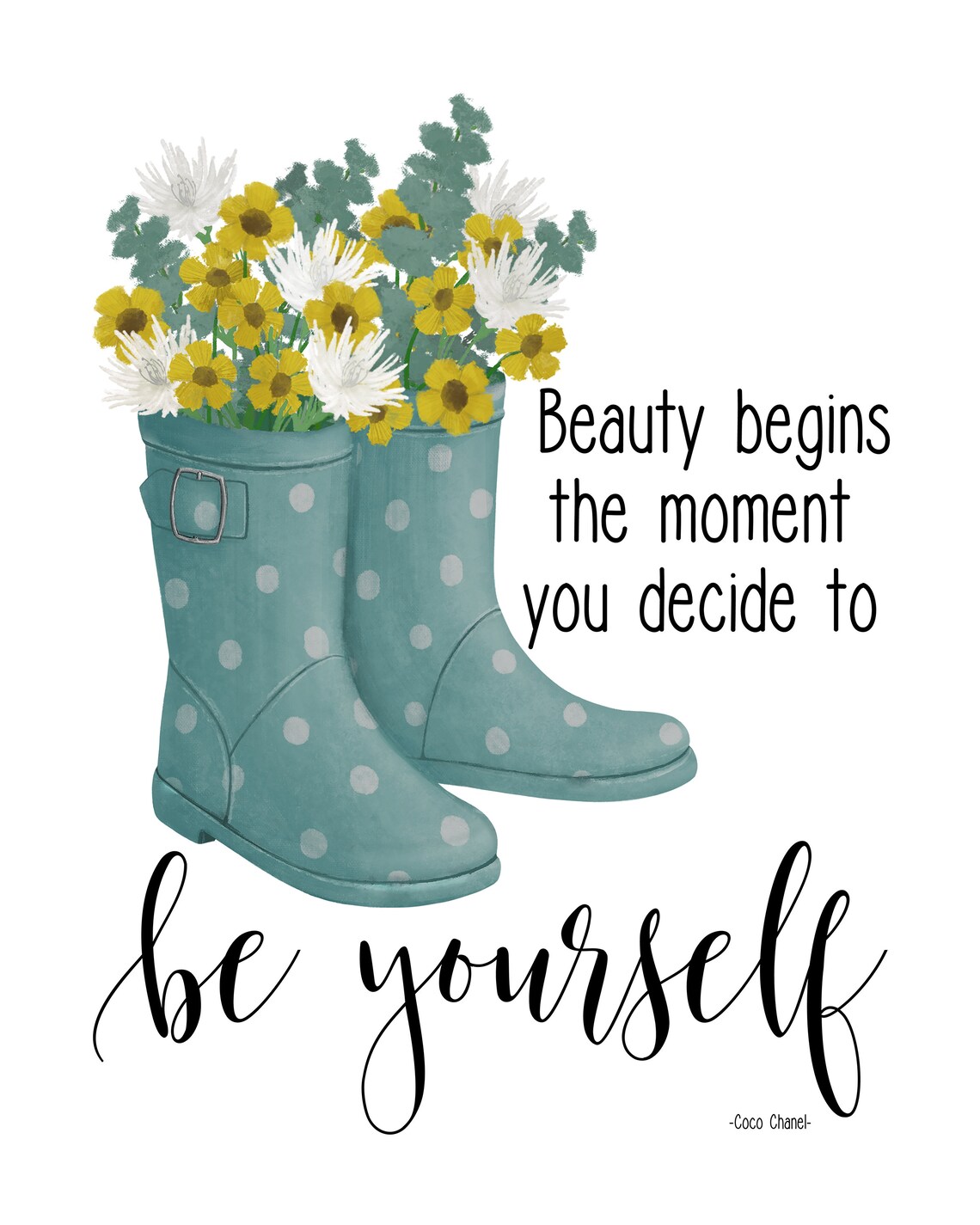 Be Yourself Quote Poster With Teal Rain Boots And Yellow Flowers - Image 2