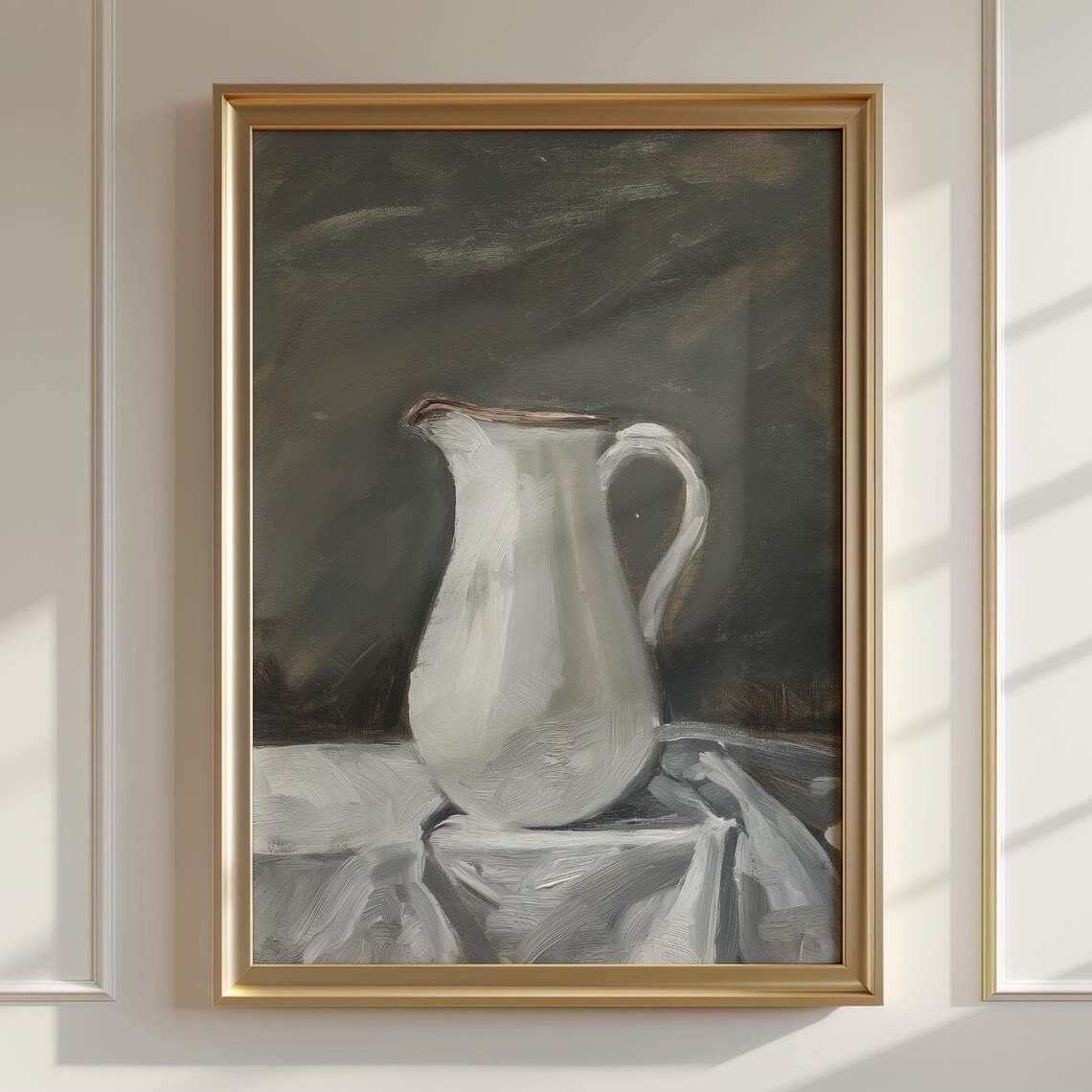 White Pitcher Oil Painting Moody Still Life Kitchen Decor Art Print