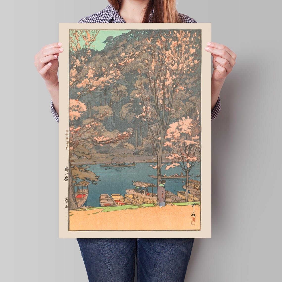Cherry Trees by Lake With Boats Yoshida Hiroshi Spring Blossom Poster - Image 4