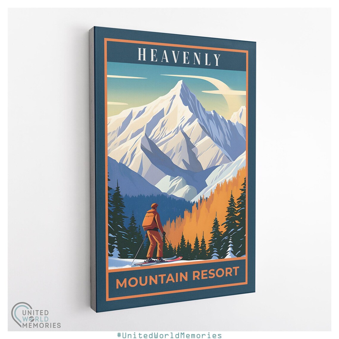 Heavenly Mountain Resort Skier Snowy Peak Alpine Orange Travel Poster - Image 3