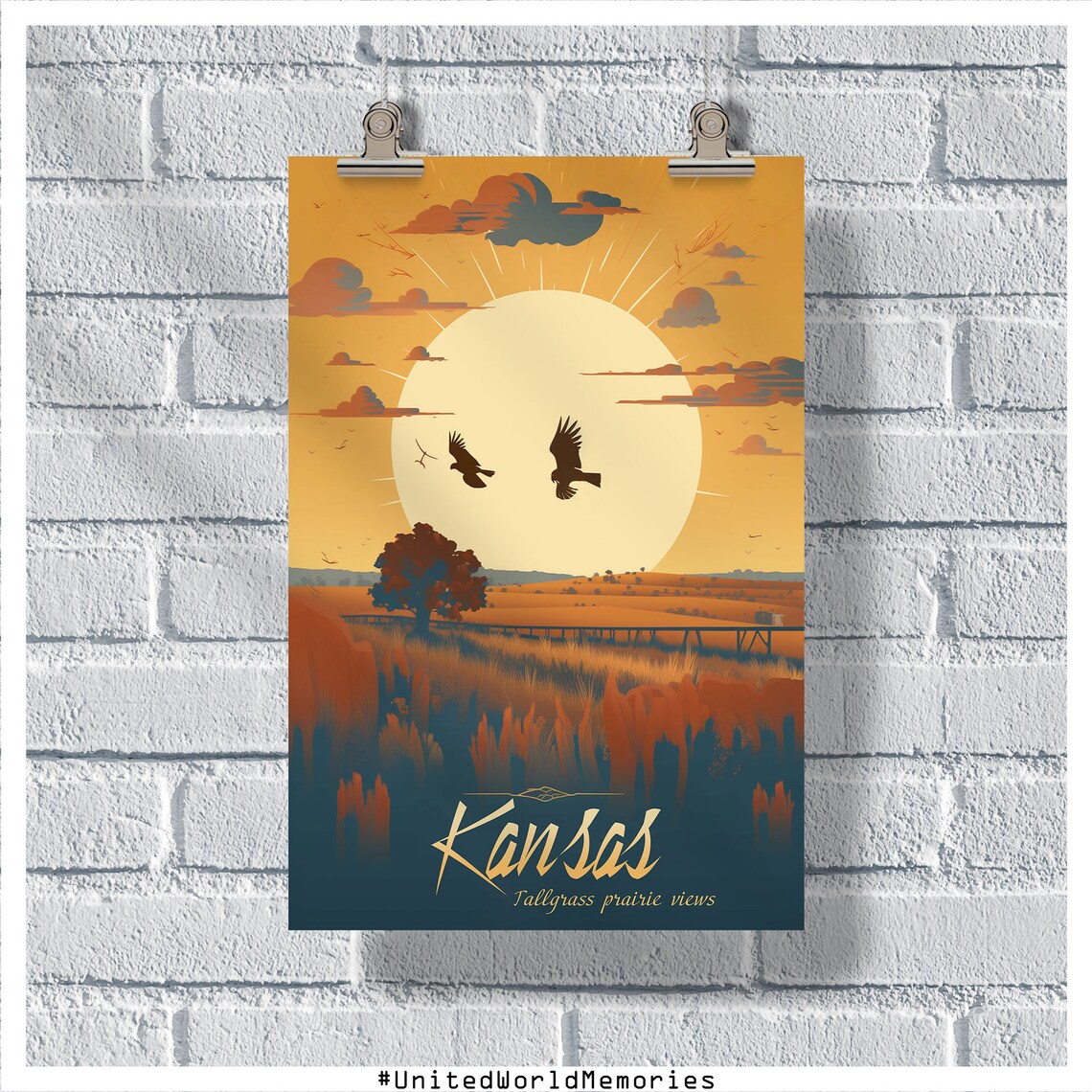Kansas Tallgrass Prairie Golden Sunset Birds Vintage Travel Poster