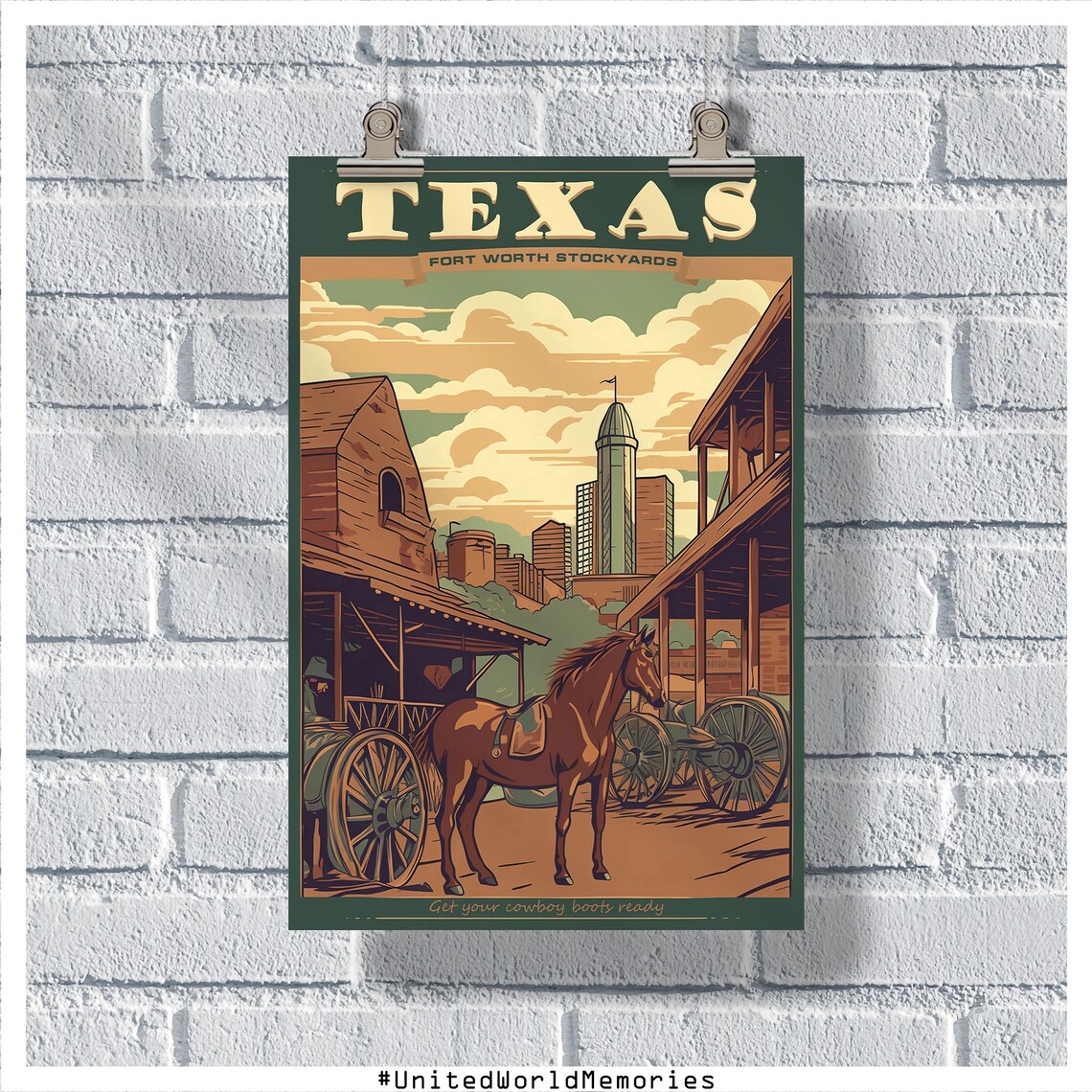 Texas Fort Worth Stockyards Horse Wagon Cowboy Western Poster