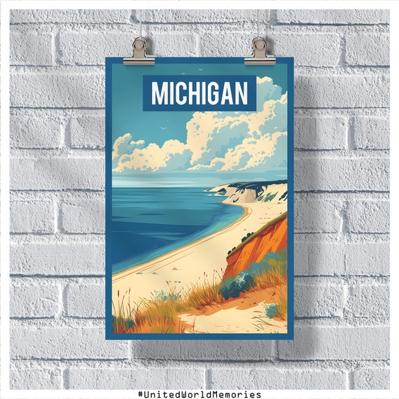 Michigan Sleeping Bear Dunes Retro Poster Michigan Vintage Poster Wall Decor
