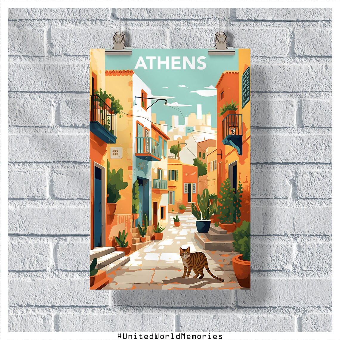 Athens Greece Old Town Street Poster With Tabby Cat Vintage Travel Art