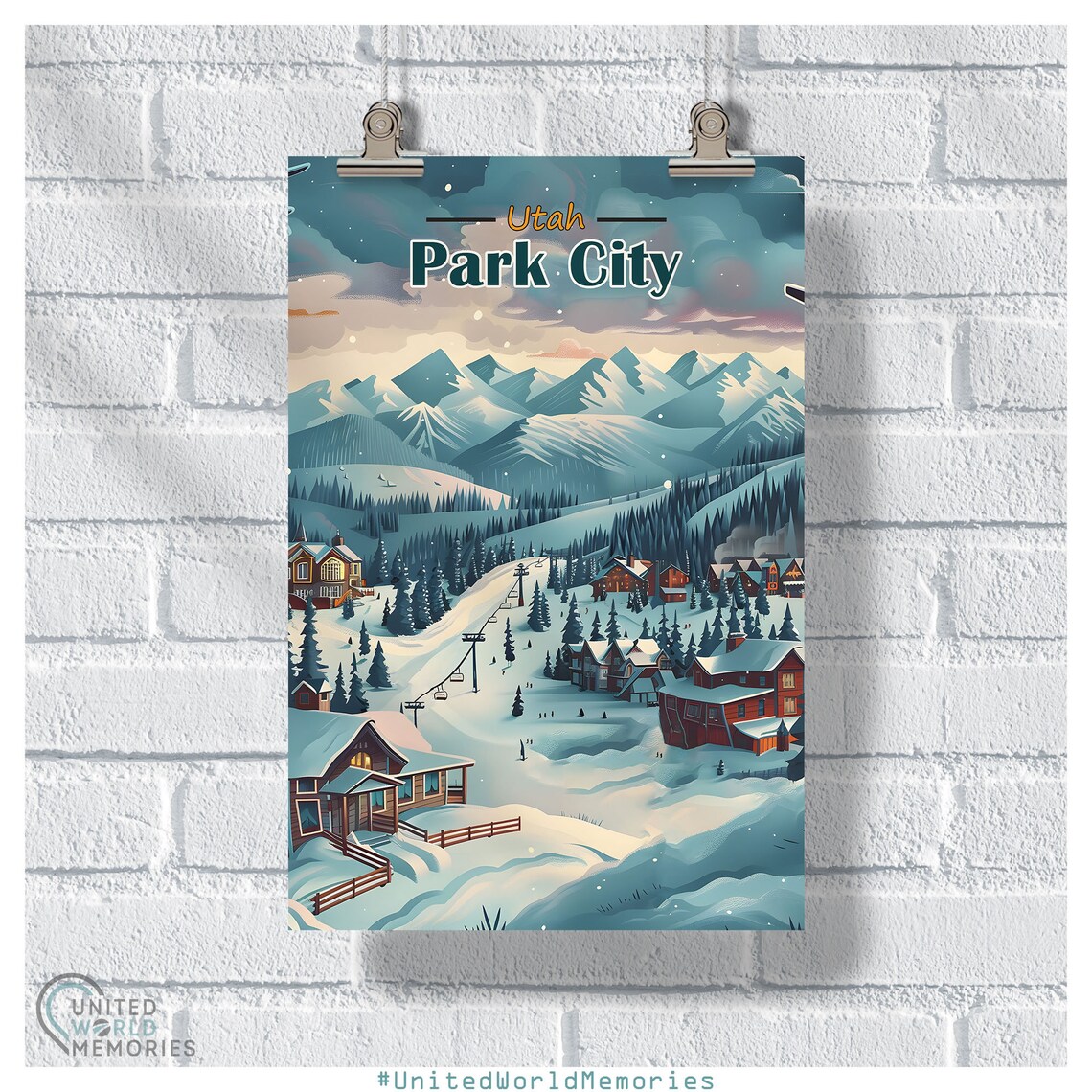 Utah Park City Snowy Ski Village Dusk Chairlift Travel Poster