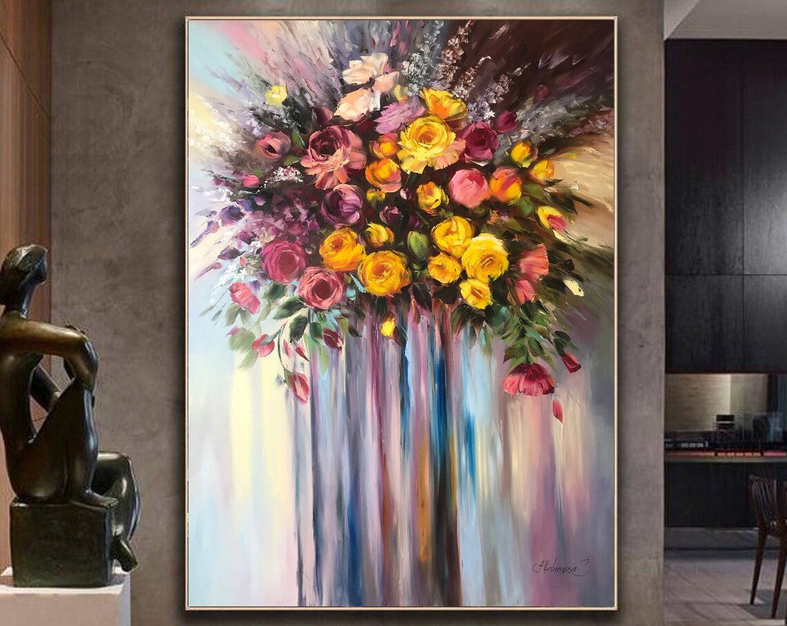Abstract Floral Bouquet Roses Oil Painting Colorful Drip Art Poster