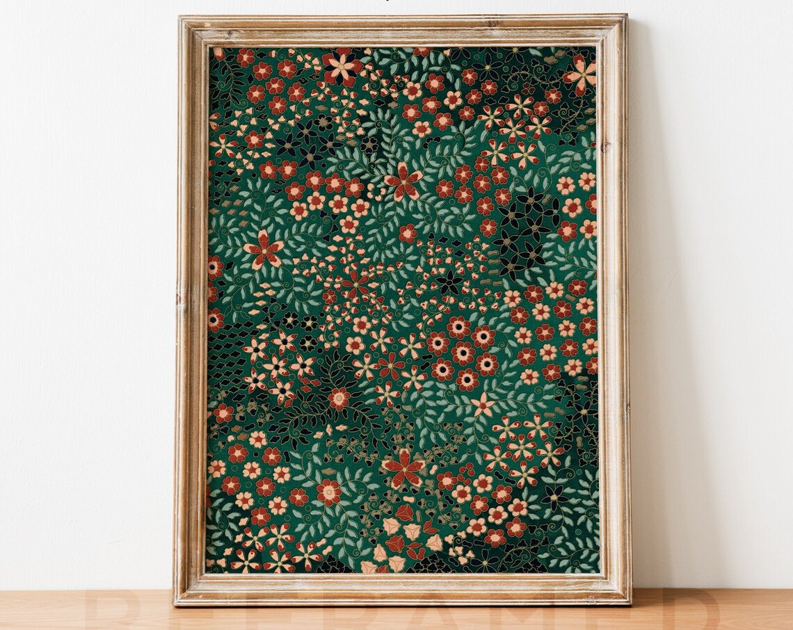 Dark Green Floral Tapestry Vintage Pattern Botanical Art Poster
