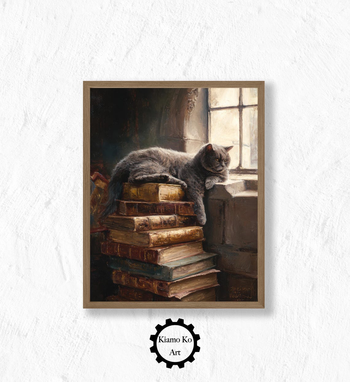 Sleepy Gray Cat Lounging On A Tall Stack Of Vintage Books Poster