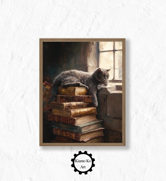 Sleepy Gray Cat Lounging On A Tall Stack Of Vintage Books Poster