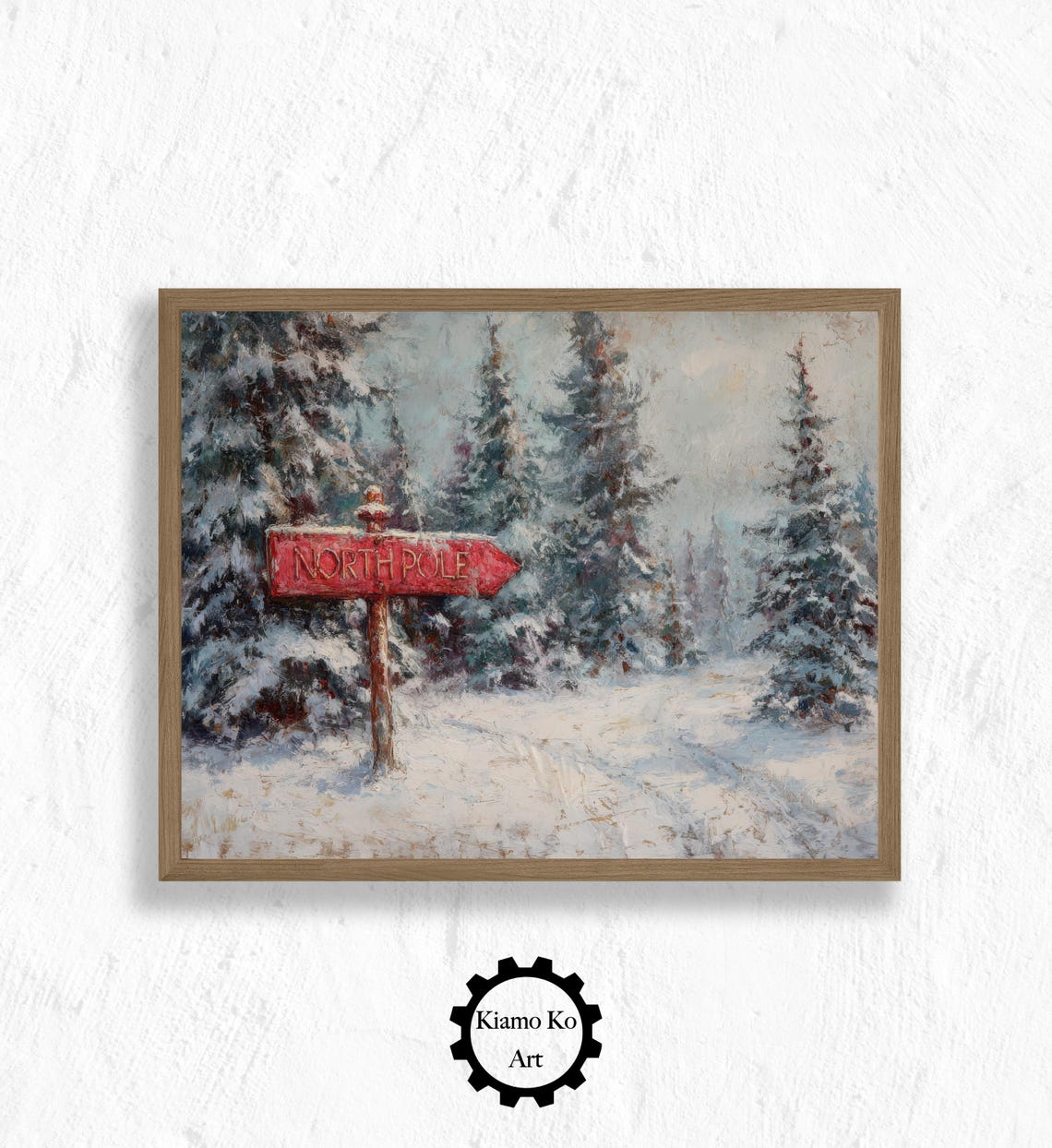 Snowy Forest Scene With A Red North Pole Sign At Dusk Poster