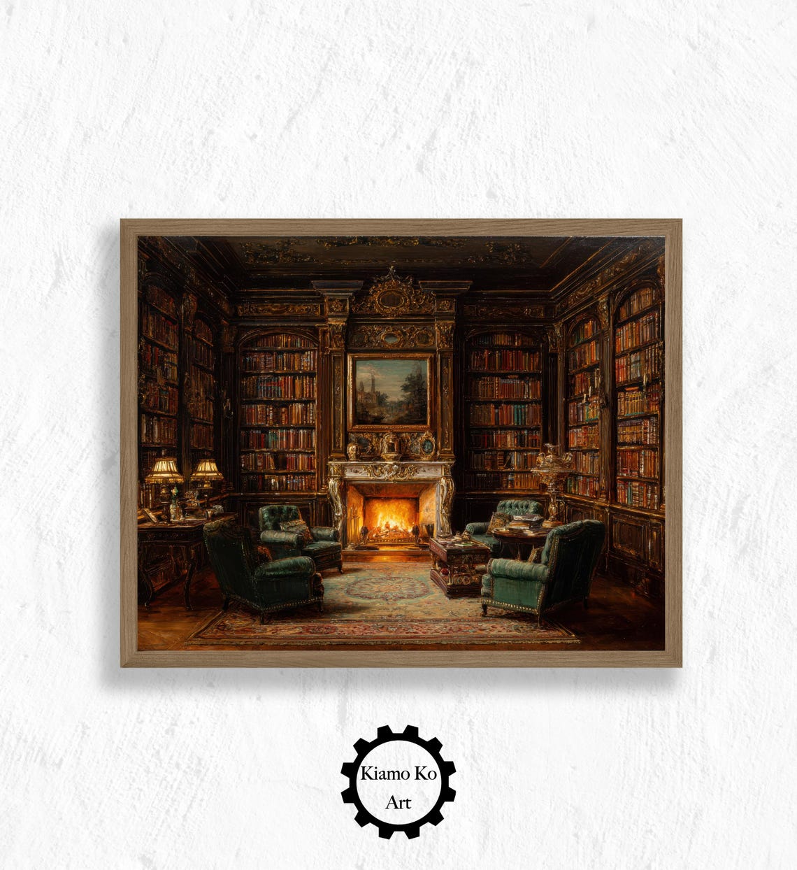 Grand Vintage Library Fireplace Interior With Green Armchairs Poster