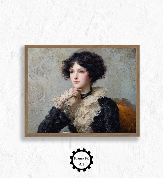 Elegant Woman in Black Dress with Lace Ruff Vintage Oil Portrait Poster