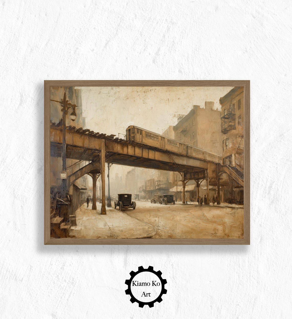 Vintage New York City Elevated Subway Train Sepia Street Scene Poster