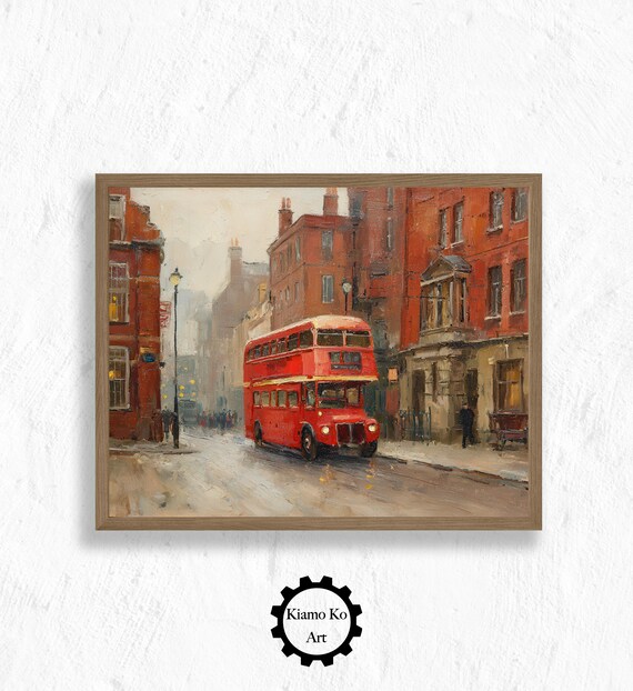 Red Double Decker Bus Rainy London Street Vintage City Art Poster