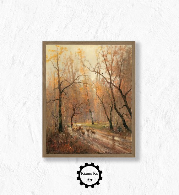 Shepherd Guiding Sheep Down an Autumn Woodland Road Vintage Painting Poster