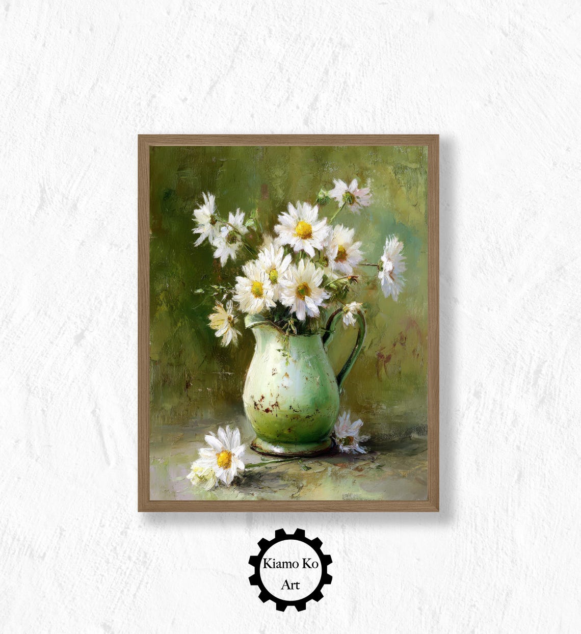 White Daisies in a Distressed Green Pitcher Vintage Floral Art Poster