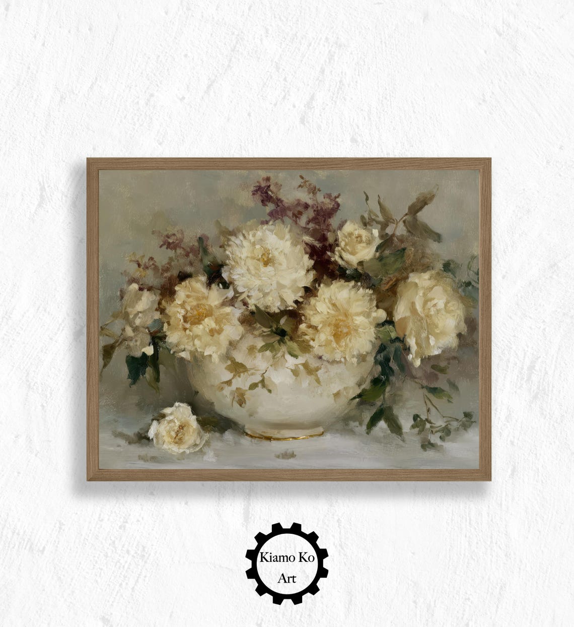 Cream Roses in a Wide Ceramic Bowl Soft Neutral Floral Wall Poster