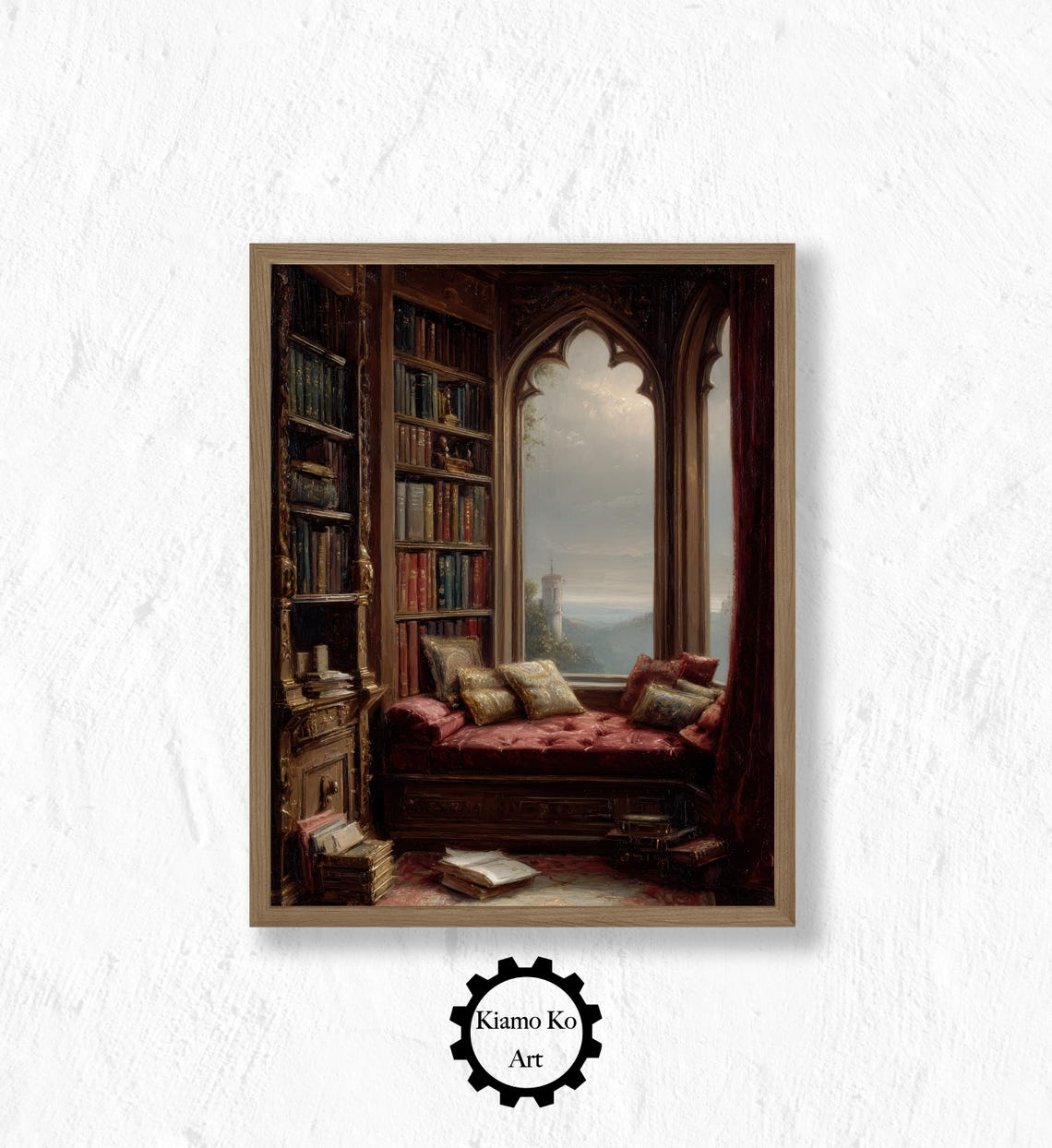 Cozy Library Nook With Bookshelves and a Cushioned Bay Window Poster