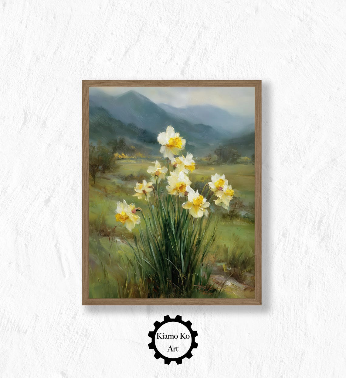White Daffodils Blooming in a Mountain Meadow Spring Landscape Poster