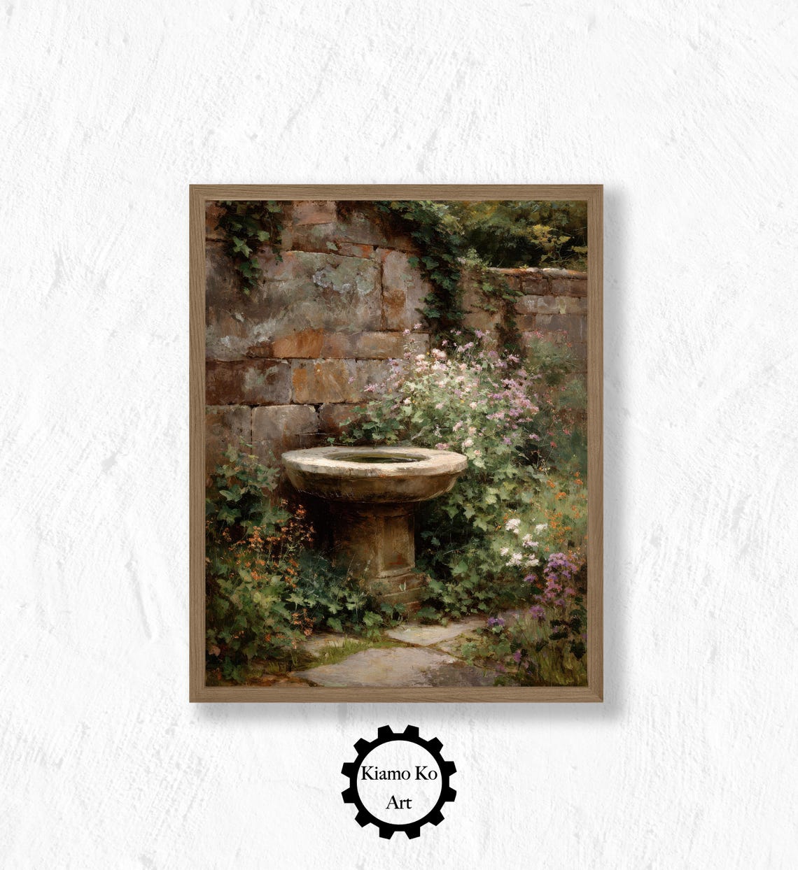 Stone Birdbath Garden Ivy-Covered Wall Wildflowers Vintage Poster