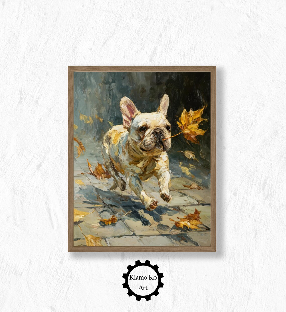 French Bulldog In Autumn Leaves, Vintage Art Print