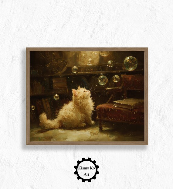 Cream Kitten Chasing Soap Bubbles In A Cozy Library Room Wall Art