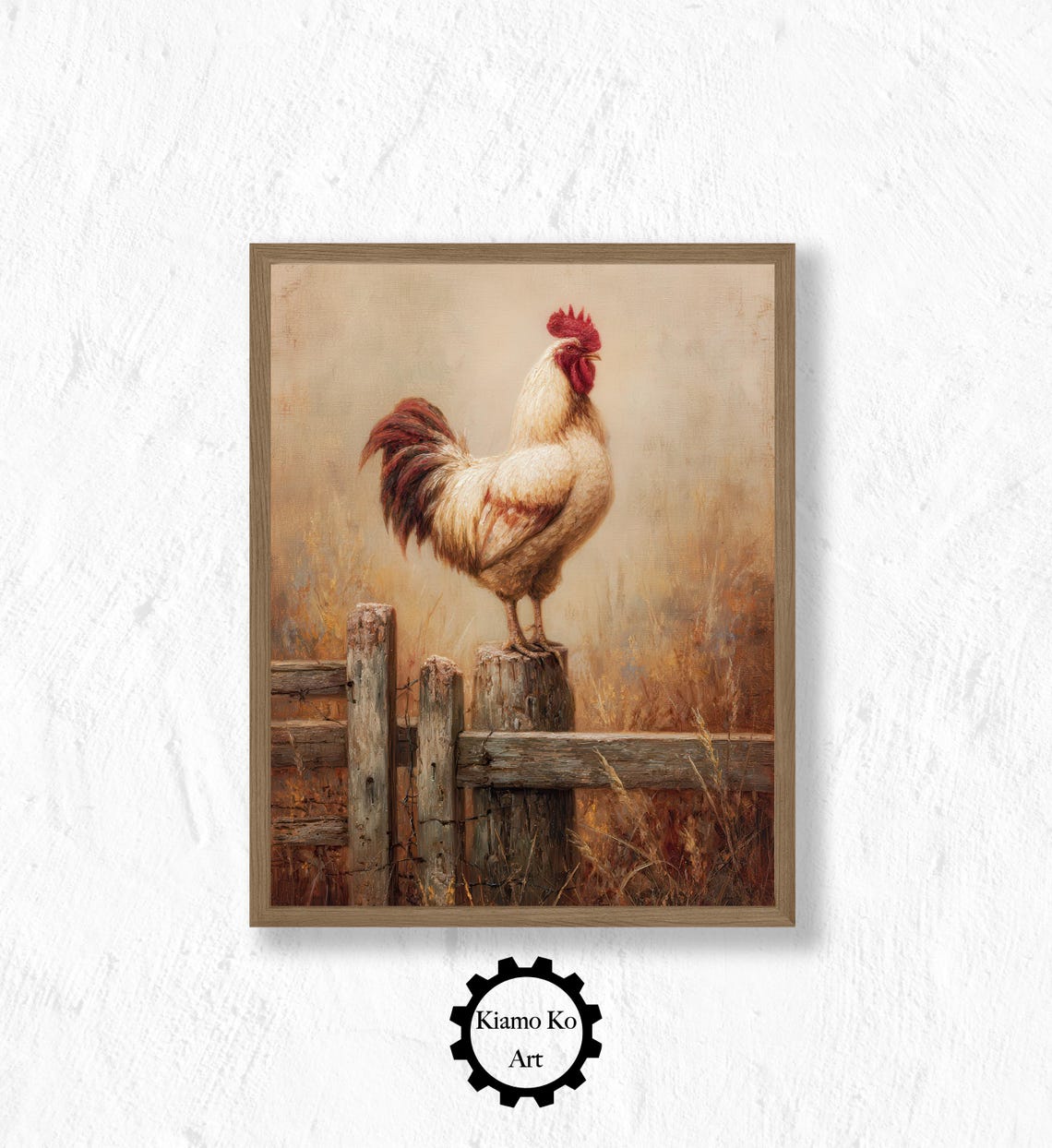Rustic Rooster On A Wooden Fence Post Farm Landscape Wall Art