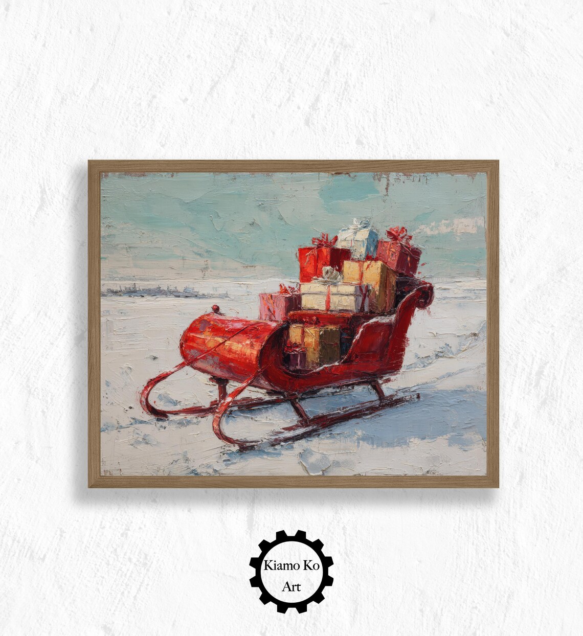 Red Sleigh Loaded with Christmas Gifts in a Snowy Winter Landscape Poster