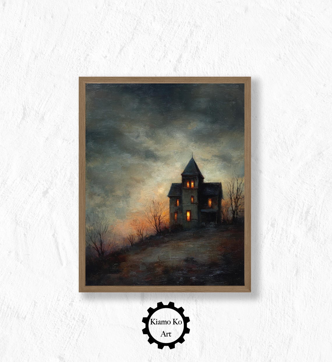 Spooky Victorian House on a Hill at Dusk With Lit Windows Poster