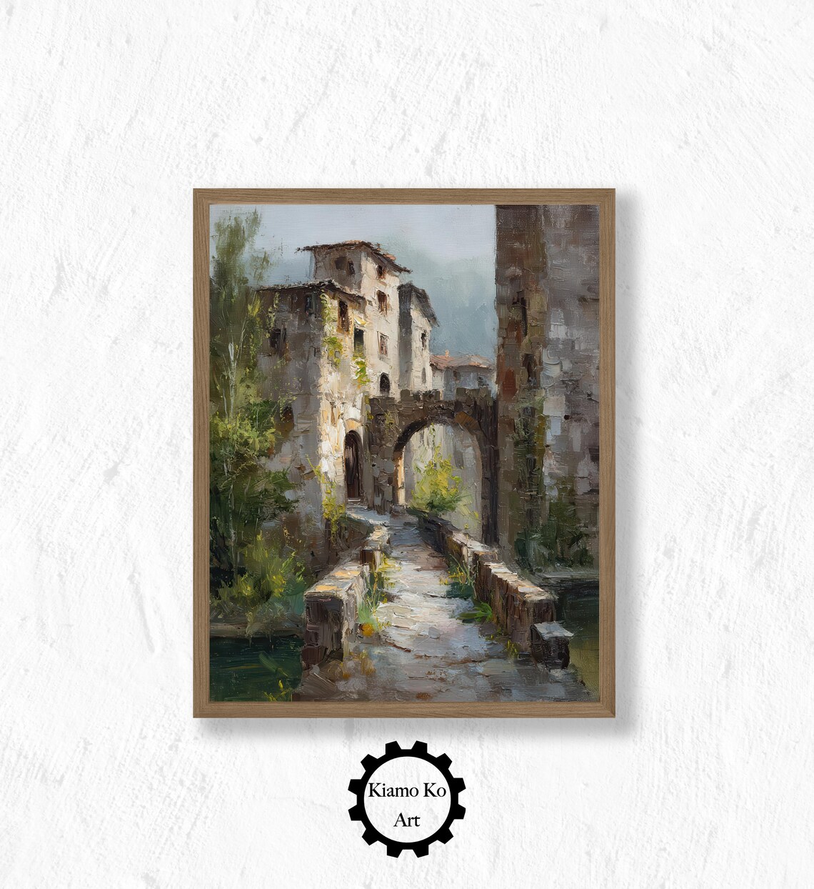 Old Stone Arch Bridge in a Quiet European Village Oil Painting Poster